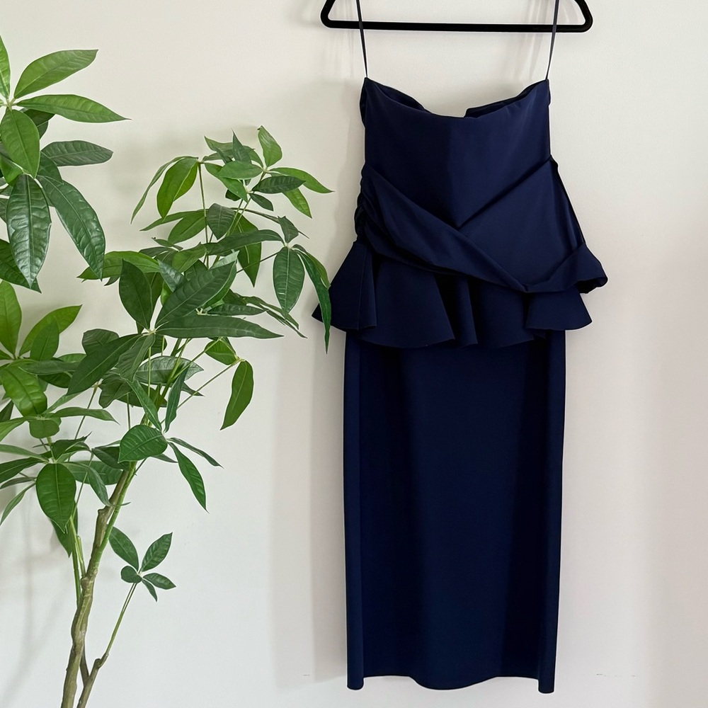 Chiara Boni La Petite Robe Navy Peplum Midi Sheath Dress IT 48 US 12